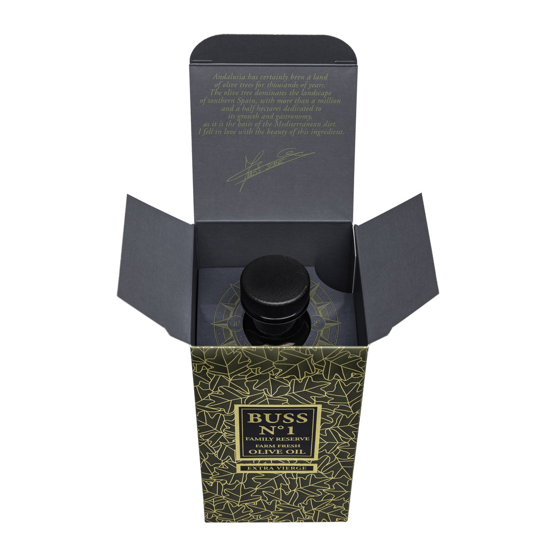 BUSS N°1 Extra Vierge Olive Oil 700 ml opened gift box